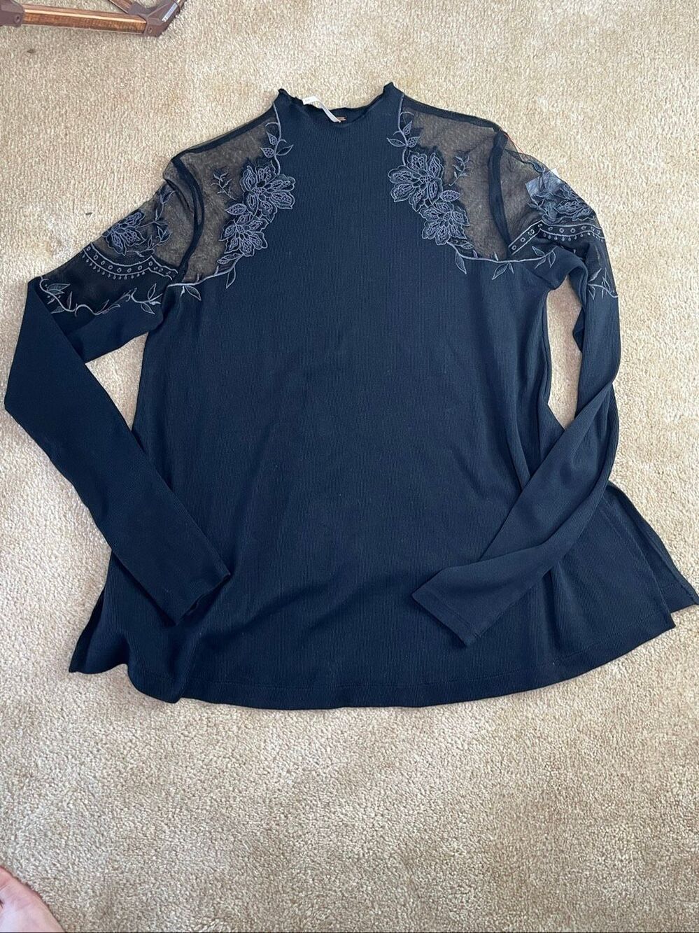 Free People Ribbed Mock Neck Embroidered Sheer Mesh Shoulder Top - Size S (Black
